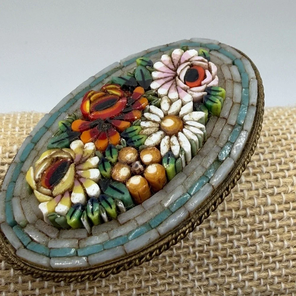Antique Victorian Brooch Pin Micro Mosaic Inlay Glass Tile Flower Garden Italy